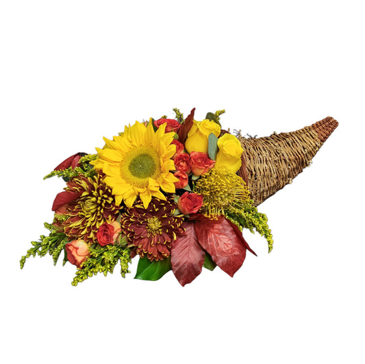 FL-10 Cornucopia de girasoles, proteas, spray roses, rosas, crisantemos y solidago