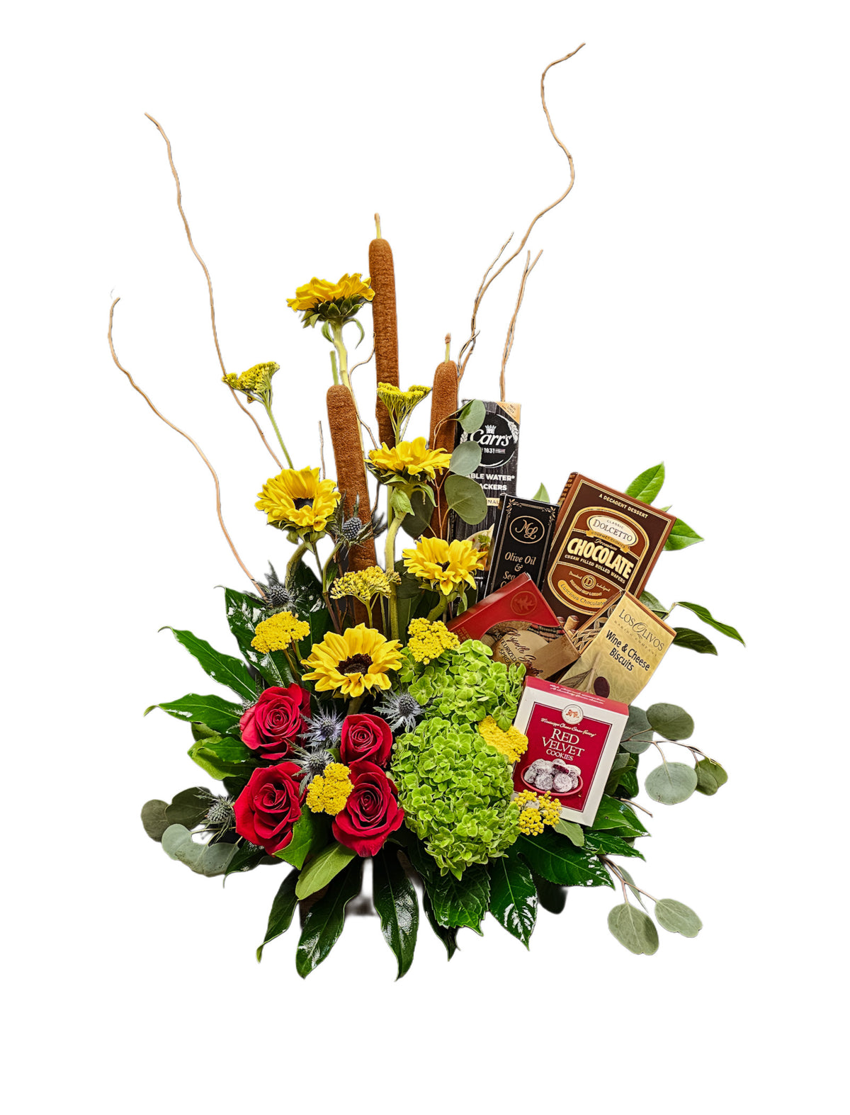 FL-20 Arreglo de hortensias, rosas, girasoles, eryngium, cat tails y productos gourmet