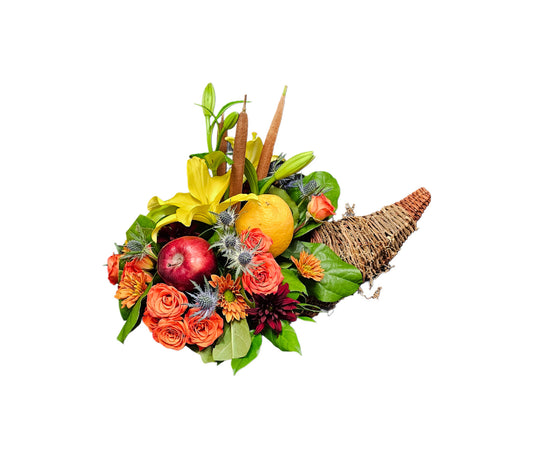 FL-6 Cornucopia de spray roses, lirios, cat tails, margaritas y frutas