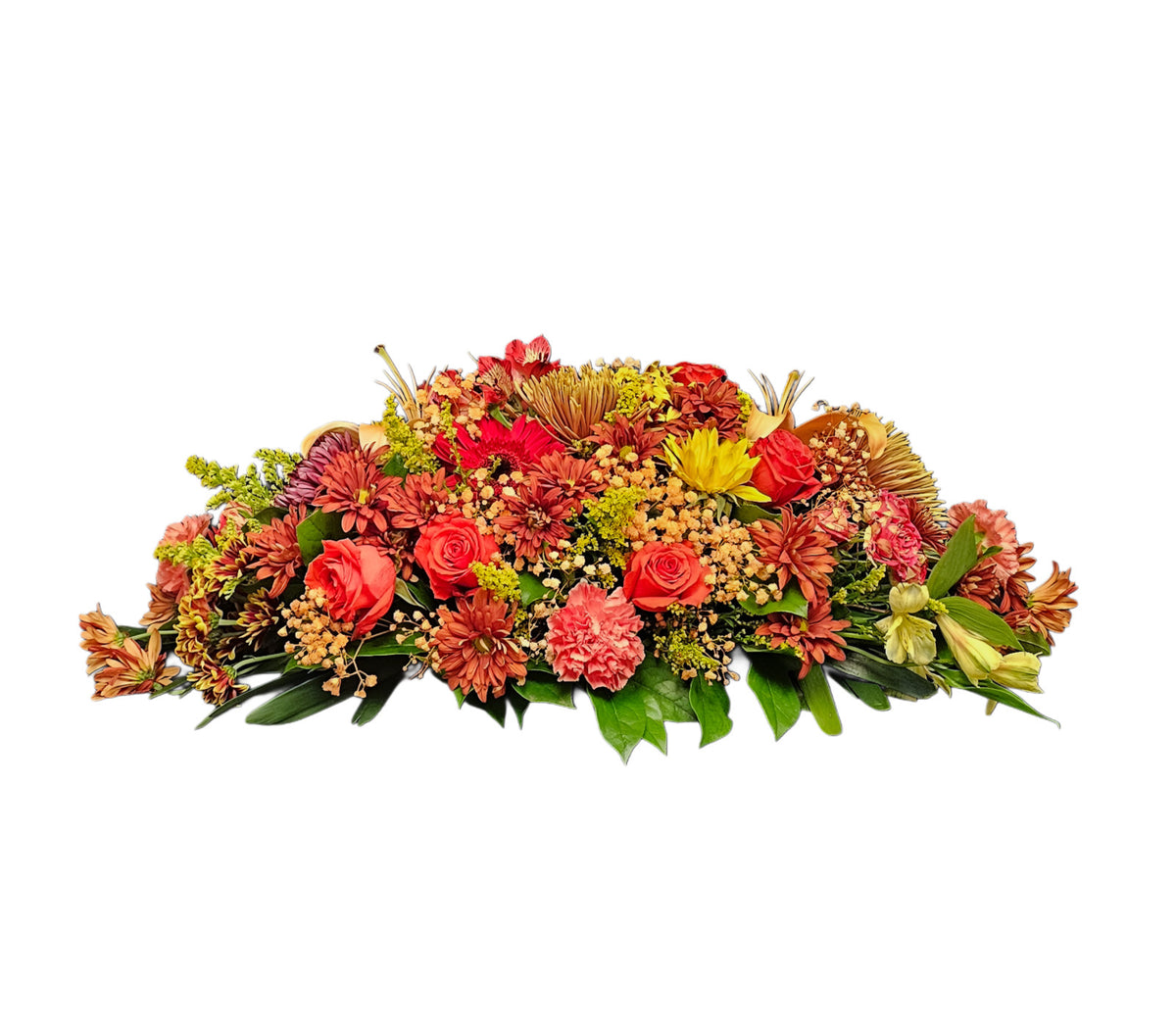 FL-7 Centro de mesa alargado para el otoño de gerberas, lirios, alstroemerias, rosas, margaritas y spiders