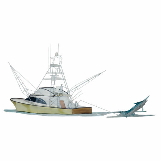 MM-207 Escultura de pared de acero inoxidable: bote de pesca con marlín (MM207)